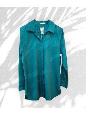 Chicos No-iron classic Women's Teal Button-Up Blouse EUC